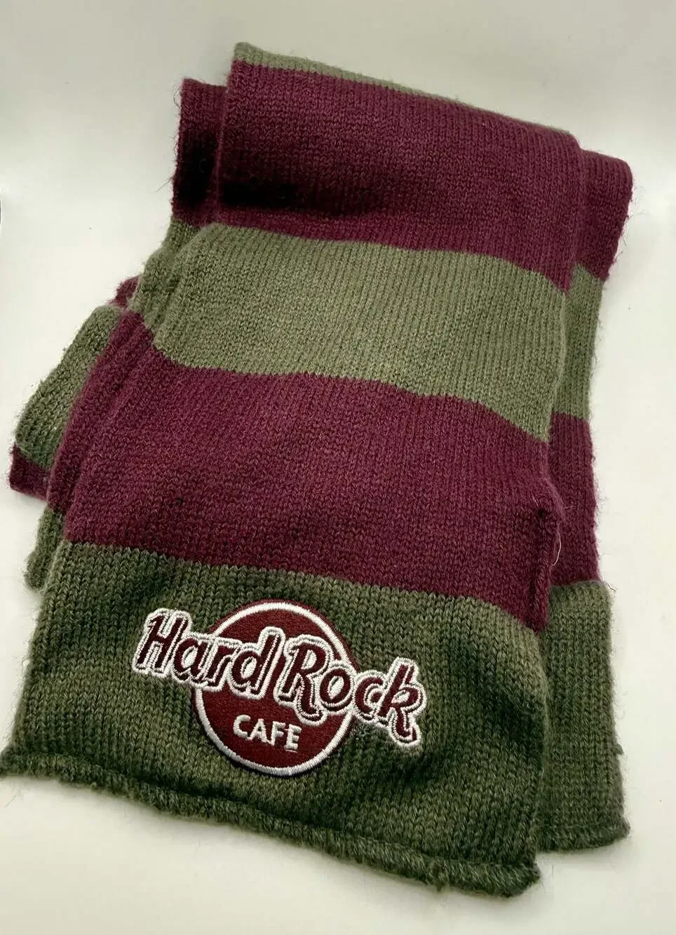 Hard Rock Cafe Striped Knit Scarf Maroon and Olive Green